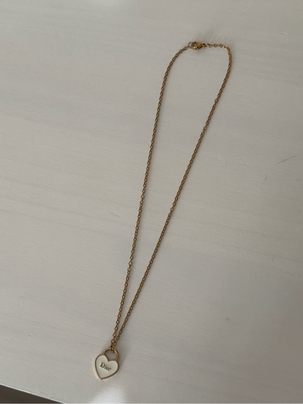 Vintage Dior White Enamel Heart Pendant Necklace on 18k Gold Filled Chain